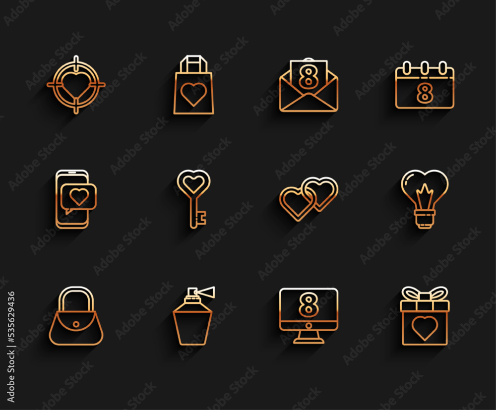 Set line Handbag, Perfume, Heart in the center of target aim, 8 March on monitore, Gift box heart, Key shape, light bulb and Two Linked Hearts icon. Vector Set line Handbag, Perfume, Heart in the center of target aim, 8 March on monitore, Gift box heart, Key shape, light bulb and Two Linked Hearts icon. Vector