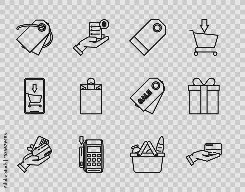 Set line Human hand holding with credit card, Blank label template price tag, Pos terminal inserted, Paper shopping bag, Shopping basket food and Gift box icon. Vector Set line Human hand holding with credit card, Blank label template price tag, Pos terminal inserted, Paper shopping bag, Shopping basket food and Gift box icon. Vector