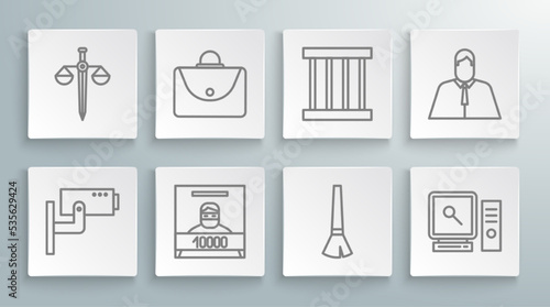 Set line Security camera, Briefcase, Wanted poster, Paint brush, Search on computer screen, Prison window, Lawyer, attorney, jurist and Scales of justice icon. Vector