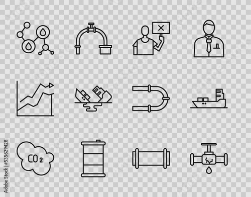 Set line CO2 emissions in cloud, Broken pipe with leaking water, Nature saving protest, Barrel oil, Molecule, Wrecked tanker ship, Industry and Oil icon. Vector