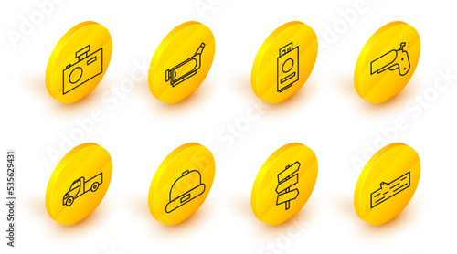 Set line Wooden log, Road traffic signpost, Beanie hat, Pickup truck, Flare gun pistol, Passport with ticket, Cinema camera and Photo icon. Vector