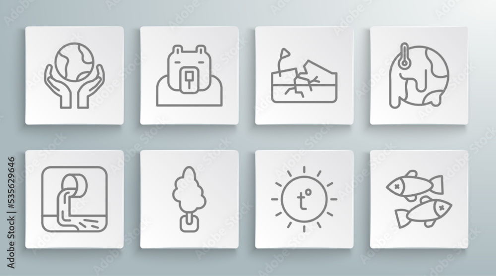 Set line Wastewater, Polar bear head, Tree, Sun, Dead fish, Earthquake, Global warming and Hands holding globe icon. Vector Set line Wastewater, Polar bear head, Tree, Sun, Dead fish, Earthquake, Global warming and Hands holding globe icon. Vector