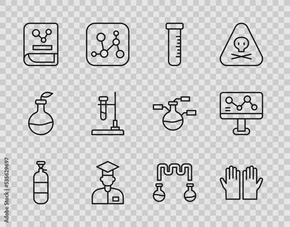 Set line Propane gas tank, Medical rubber gloves, Test tube and flask, Laboratory assistant, Chemistry book, on fire, and Chemical formula icon. Vector Set line Propane gas tank, Medical rubber gloves, Test tube and flask, Laboratory assistant, Chemistry book, on fire, and Chemical formula icon. Vector