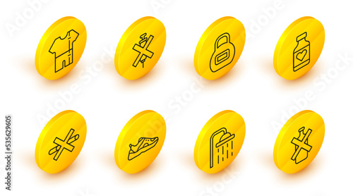 Set line No alcohol, Shower head, Sport sneakers, Smoking, Vitamin pill, Kettlebell, doping syringe and track suit icon. Vector