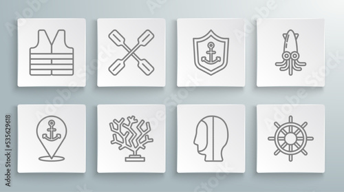 Set line Location with anchor, Paddle, Coral, Diving hood, Ship steering wheel, Anchor inside shield, Octopus and Life jacket icon. Vector