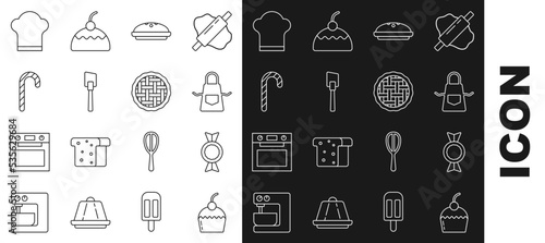 Set line Cake, Candy, Kitchen apron, Homemade pie, Spatula, Christmas candy cane, Chef hat and icon. Vector