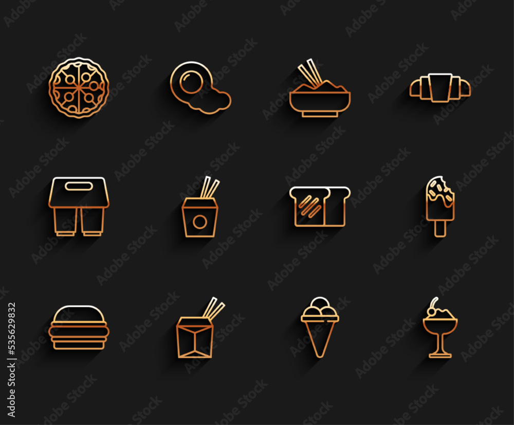 Set line Burger, Asian noodles and chopsticks, Pizza, Ice cream in waffle cone, bowl, and Bread toast icon. Vector Set line Burger, Asian noodles and chopsticks, Pizza, Ice cream in waffle cone, bowl, and Bread toast icon. Vector