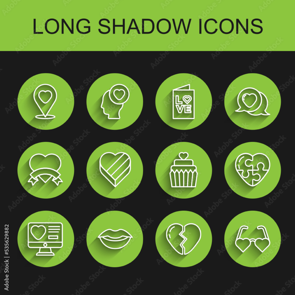 Set line Dating app online, Smiling lips, Location with heart, Broken, Heart shaped love glasses, Candy box, and Wedding cake icon. Vector Set line Dating app online, Smiling lips, Location with heart, Broken, Heart shaped love glasses, Candy box, and Wedding cake icon. Vector