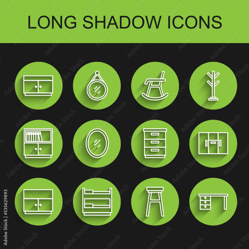 Set line Wardrobe, Bunk bed, Chest of drawers, Chair, Office desk, Mirror, and Furniture nightstand icon. Vector Set line Wardrobe, Bunk bed, Chest of drawers, Chair, Office desk, Mirror, and Furniture nightstand icon. Vector