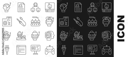 Set line Remote control, Humanoid robot, Robot low battery charge, Artificial intelligence, Soldering iron, Motherboard digital chip, Smart glasses and Industrial production of robots icon. Vector