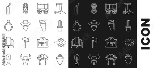 Set line Cowboy bandana, Spur, Cactus peyote in pot, Wild west covered wagon, Canteen water bottle, Dynamite bomb and Revolver gun holster icon. Vector