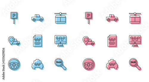 Set line Steering wheel, Taxi car, Parking, Magnifying glass and taxi, driver license, Computer call service, Location with and Car icon. Vector