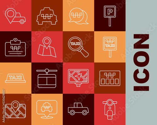 Set line Scooter, Taximeter, Road sign for taxi stand, call telephone service, Folded map with location, driver license, Location and Magnifying glass car icon. Vector