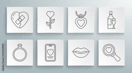 Set line Diamond engagement ring, Heart shape flower, Online dating app and chat, Smiling lips, Search heart love, Necklace with shaped, Champagne bottle and Healed broken icon. Vector