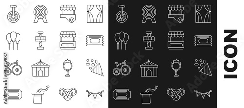 Set line Carnival garland with flags, Festive confetti, Circus ticket, Fast street food cart, Attraction carousel, Balloons ribbon, Unicycle or one wheel bicycle and icon. Vector