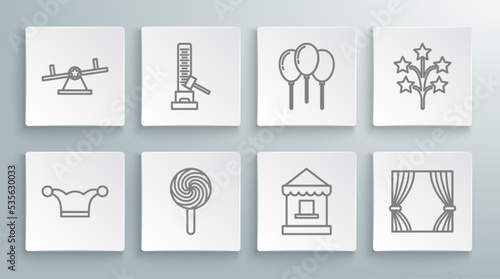 Set line Jester hat with bells, High striker attraction big hammer, Lollipop, Ticket box office, Curtain, Balloons ribbon, Fireworks and Seesaw icon. Vector