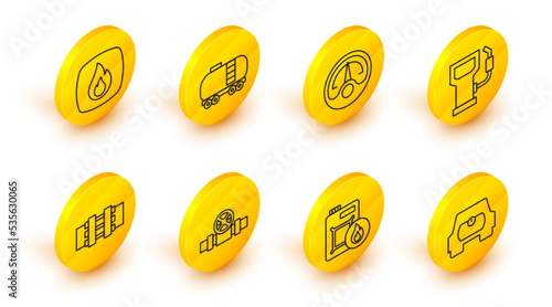 Set line Gas tank for vehicle, Canister motor oil, Metallic pipes and valve, Petrol gas station, Motor gauge, Oil railway cistern and Fire flame icon. Vector