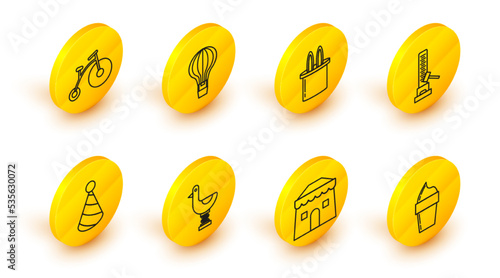 Set line Ice cream in waffle cone, Riding kid duck, Party hat, High striker attraction with big hammer, Magician and rabbit ears, Hot air balloon and Vintage bicycle wheel small icon. Vector