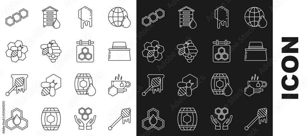 Set line Honey dipper stick with dripping honey, Cup of tea, Beekeeper protect hat, Honeycomb, Hive for bees, and honeycomb, and Hanging sign icon. Vector Set line Honey dipper stick with dripping honey, Cup of tea, Beekeeper protect hat, Honeycomb, Hive for bees, and honeycomb, and Hanging sign icon. Vector