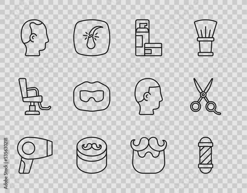 Set line Hair dryer, Classic Barber shop pole, Shaving gel foam, Gel or wax for hair styling, Baldness, Mustache and beard, and Scissors hairdresser icon. Vector