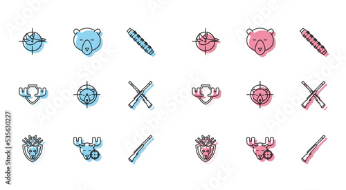Set line Deer head with antlers on shield, Hunt moose crosshairs, duck, Hunting gun, bear, Two crossed shotguns, Moose horns and Bear icon. Vector