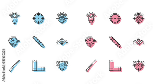 Set line Hunting gun, Cartridges, Deer head with antlers, on moose crosshairs, cartridge belt cartridges, Trap hunting, Flying duck shield and Target sport for shooting competition icon. Vector