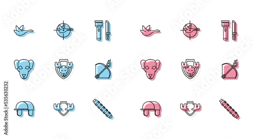 Set line Hunter hat, Moose horns on shield, Flying duck, Hunting cartridge belt with cartridges, head, Bow and fire arrow, dog and crosshairs icon. Vector