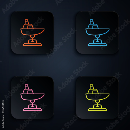 Color neon line Swing boat on the playground icon isolated on black background. Childrens carousel with boat. Amusement icon. Set icons in square buttons. Vector