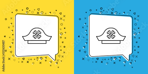 Set line Pirate hat icon isolated on yellow and blue background. Vector