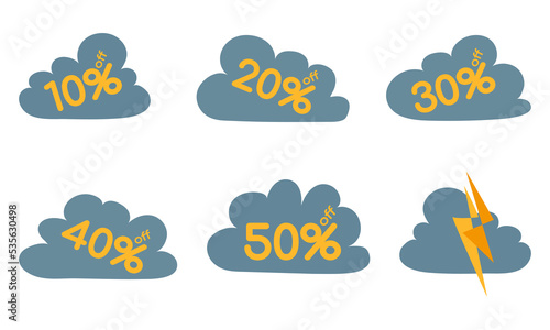 Monsoon sale background vector illustration. Cute clouds with lightning and raindrops. Poster for Monsoon season. Flat cartoon style template isolated on white background