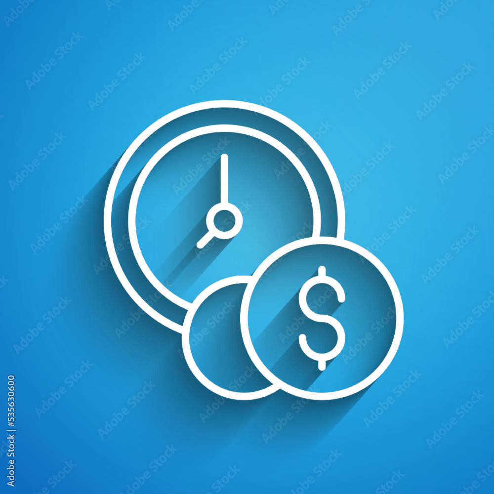White line Time is money icon isolated on blue background. Money is time. Effective time management. Convert time to money. Long shadow. Vector White line Time is money icon isolated on blue background. Money is time. Effective time management. Convert time to money. Long shadow. Vector