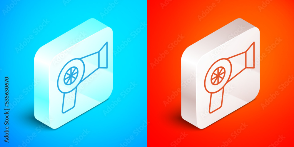 Isometric line Hair dryer icon isolated on blue and red background. Hairdryer sign. Hair drying symbol. Blowing hot air. Silver square button. Vector Isometric line Hair dryer icon isolated on blue and red background. Hairdryer sign. Hair drying symbol. Blowing hot air. Silver square button. Vector