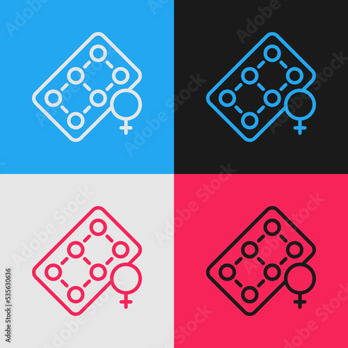Pop art line Packaging of birth control pills icon isolated on color background. Contraceptive pill. Vector