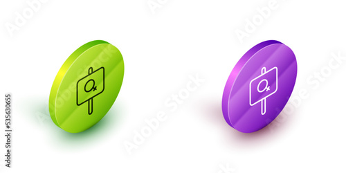 Isometric line Female movement, feminist activist with banner and placards icon isolated on white background. Feminist rights movement, feminism sisterhood. Green and purple circle buttons. Vector