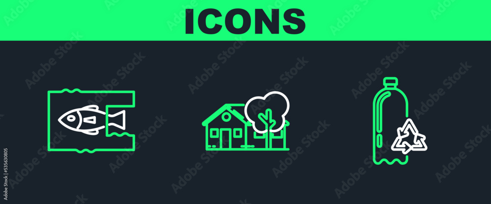 Set line Recycling plastic bottle, Stop ocean pollution and Eco friendly house icon. Vector Set line Recycling plastic bottle, Stop ocean pollution and Eco friendly house icon. Vector