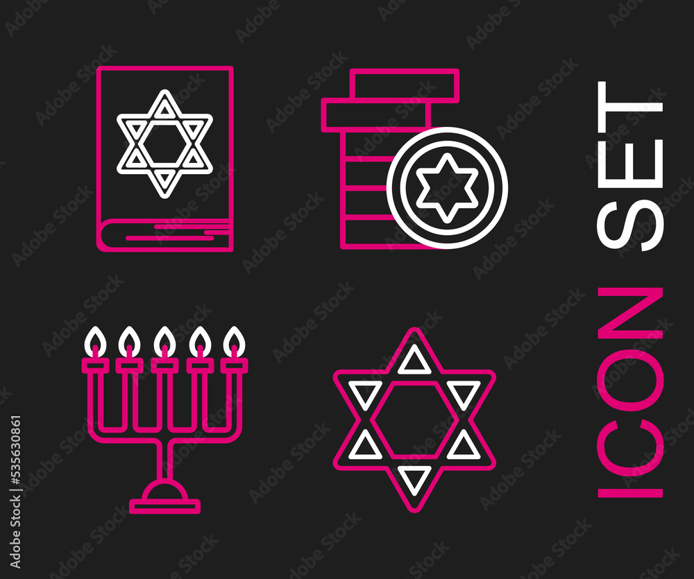 Set line Star of David, Hanukkah menorah, Jewish coin and torah book icon. Vector Set line Star of David, Hanukkah menorah, Jewish coin and torah book icon. Vector