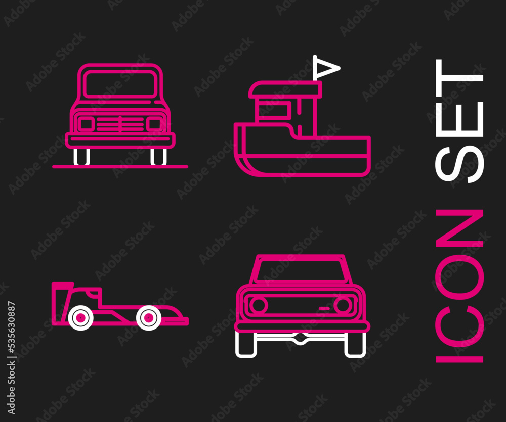 Set line Off road car, Formula race, Fishing boat and Car icon. Vector Set line Off road car, Formula race, Fishing boat and Car icon. Vector