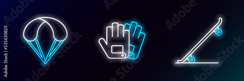 Set line Skateboard, Parachute and Gloves icon. Glowing neon. Vector