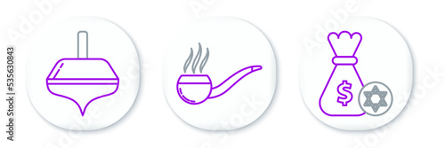 Set line Jewish money bag with star of david and coin, Hanukkah dreidel and Smoking pipe smoke icon. Vector