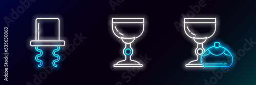 Set line Jewish goblet and hanukkah sufganiyot, Orthodox jewish hat with sidelocks and icon. Glowing neon. Vector