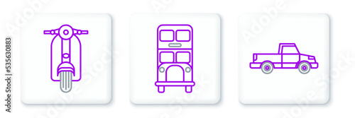 Set line Pickup truck, Scooter and Double decker bus icon. Vector