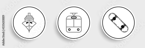Set line Skateboard, Cargo ship and Tram and railway icon. Vector