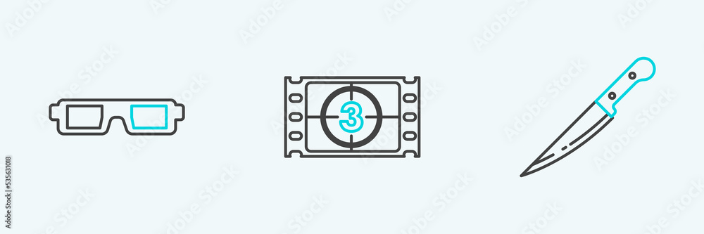Set line Knife, 3D cinema glasses and Play Video icon. Vector Set line Knife, 3D cinema glasses and Play Video icon. Vector