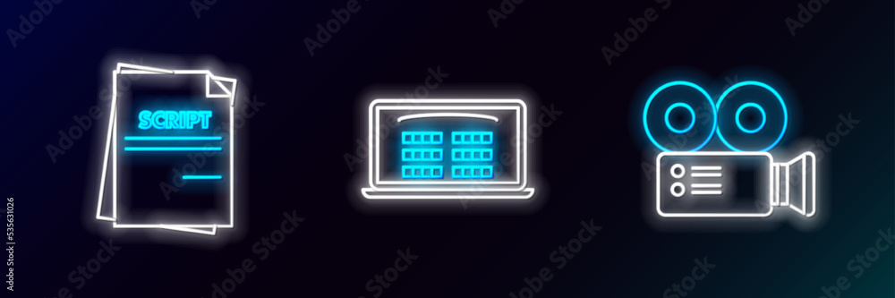 Set line Cinema camera, Scenario and Buy cinema ticket online icon. Glowing neon. Vector Set line Cinema camera, Scenario and Buy cinema ticket online icon. Glowing neon. Vector