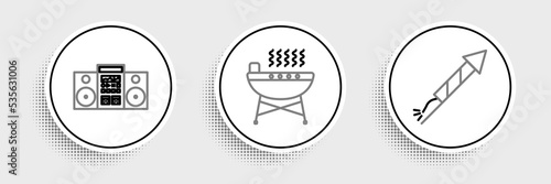 Set line Firework rocket, Home stereo with two speakers and Barbecue grill icon. Vector