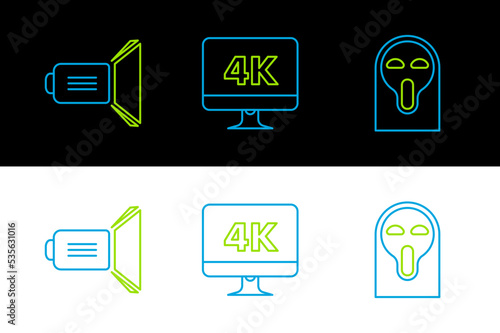 Set line Funny and scary ghost mask, Movie spotlight and Computer PC monitor with 4k video technology icon. Vector