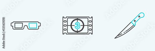 Set line Knife, 3D cinema glasses and Play Video icon. Vector