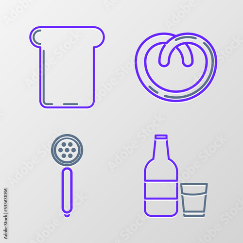 Set line Glass bottle with milk and glass, Strainer spoon, Pretzel and Bread toast icon. Vector