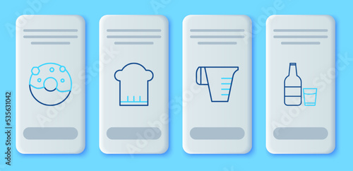 Set line Chef hat, Measuring cup, Donut with sweet glaze and Glass bottle milk and glass icon. Vector