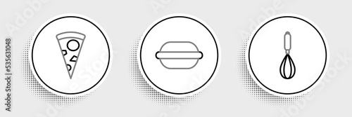 Set line Kitchen whisk, Slice of pizza and Macaron cookie icon. Vector